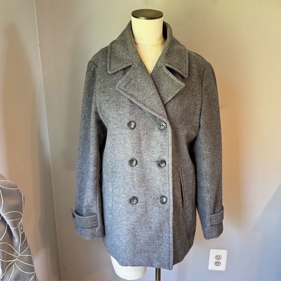 LANDS END Heather Gray Wool Blend Double Breasted Mid Length Peacoat Size 14 - Picture 2 of 11